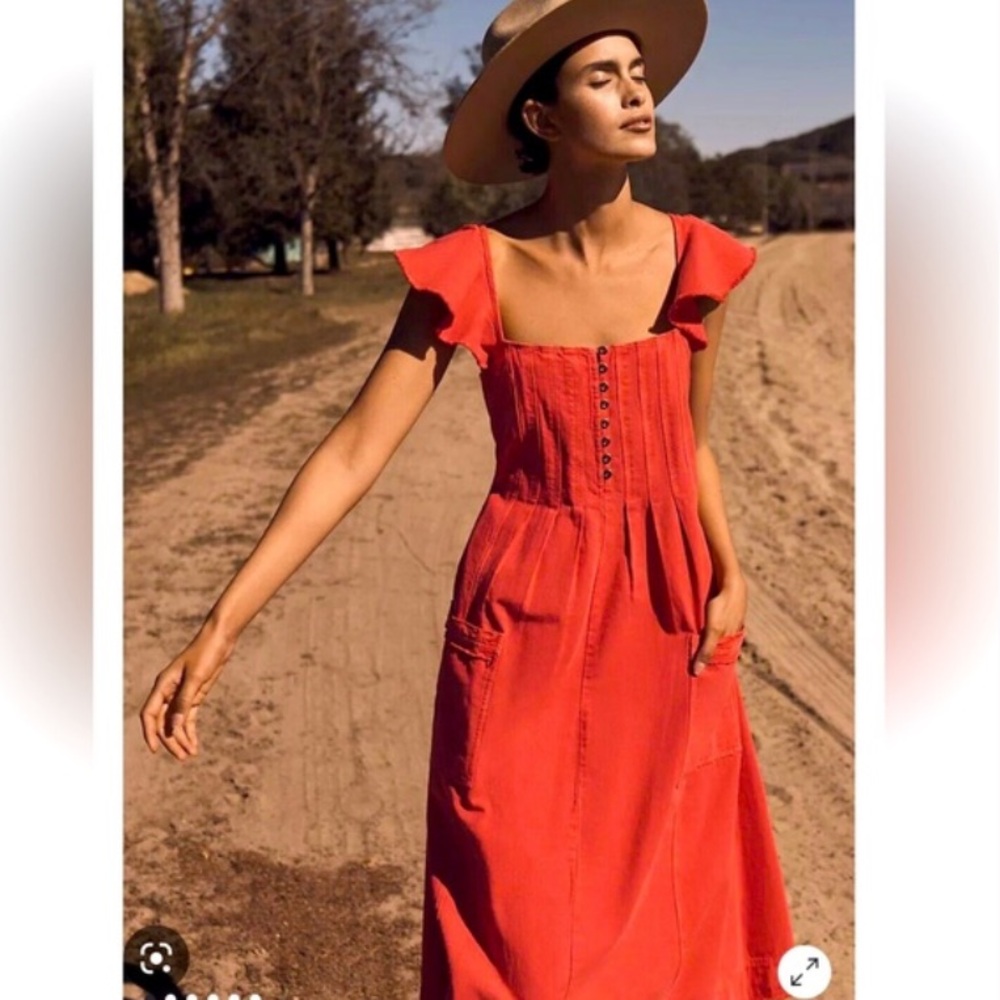 ANTHROPOLOGIE PILCRO Flutter Sleeve Red Denim Midi Dress with pockets size XS